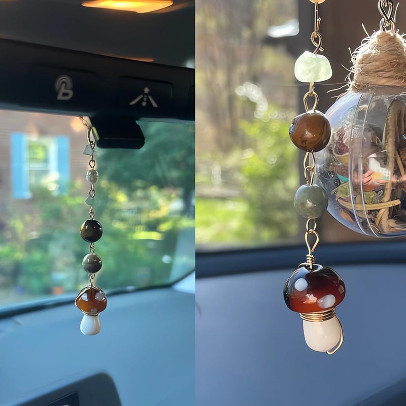 Qpige Mushroom Car Accessories for Women Cute Mushroom Hanging Ornament Boho Rear View Mirror Accessories Interior Car Decor Bag Charms Gifts for Women Girls (Brown) - Image 3